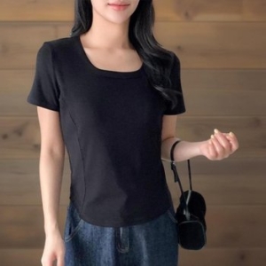 비스코스 CCT9508여성 슬림핏 스퀘어넥 언발란스 반팔 티셔츠_이미지