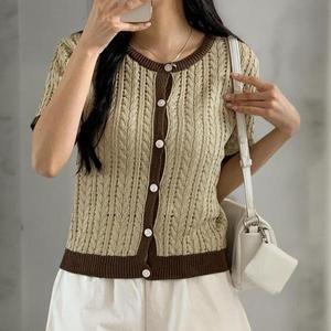 셀러허브 여자 콘트라스트 꽈배기 반소매 시수루 가디건 S34441686