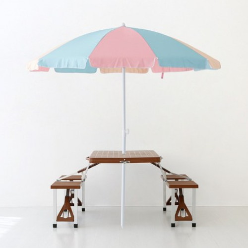 마켓비 로밀 파라솔 핑크 + 캠폴 야외 의자일체형 접이식 테이블 4인세트 브라운