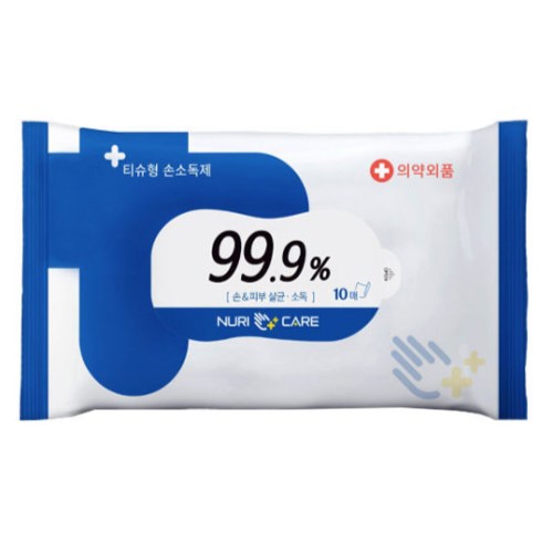 누리케어 99.9% 손 앤 피부 살균 소독 티슈 리필형 10매 (10팩)_이미지