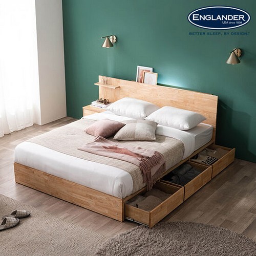 잉글랜더 마리나 원목 수납 LED침대 Q+협탁 (양모케미컬폼65T필로우탑9존독립)