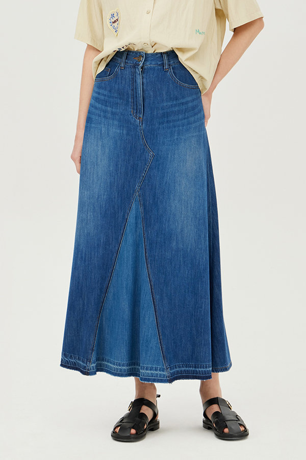 베네통 컬러 배색 라인 데님 스커트 BASK03441_이미지