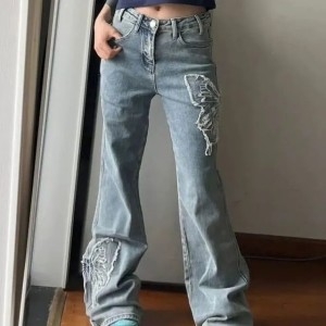 파란 XS 데님 하이웨스트 청바지 자수 빈티지 나비 연청색 롱 하이 레트로 바지 여자 여성 웨이스트