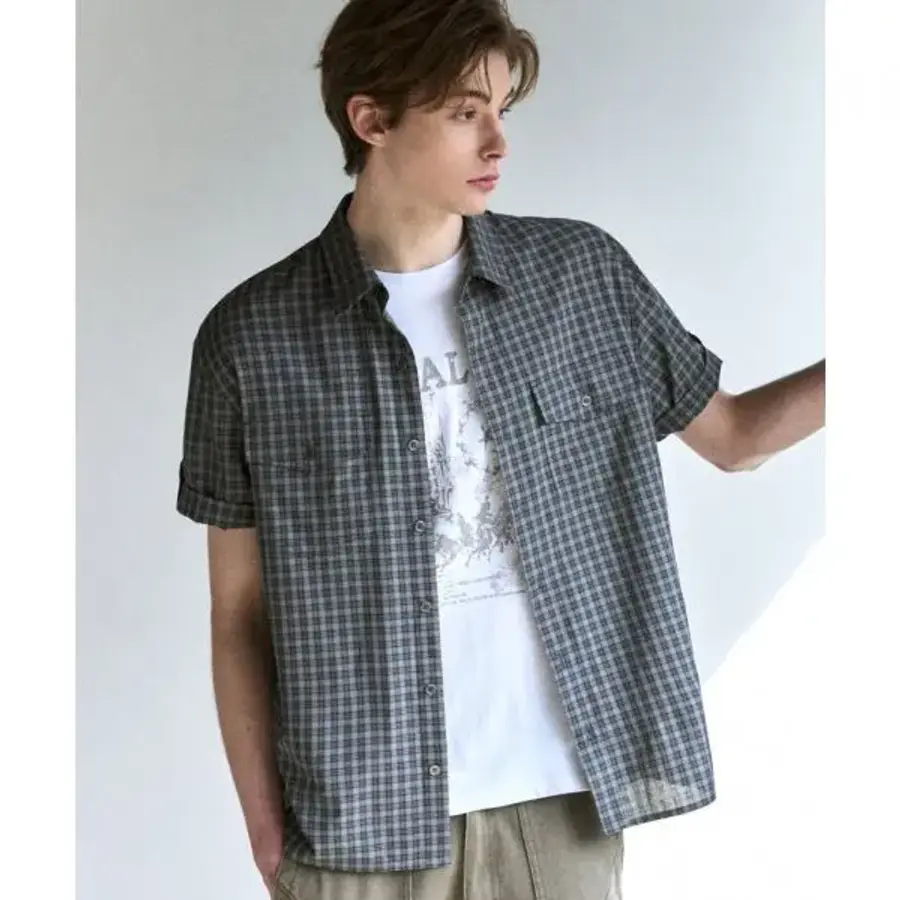 DRAW FIT 크롭 라크 롤업 체크 하프 셔츠 BLUE GREY DFSH6209BGR 158587