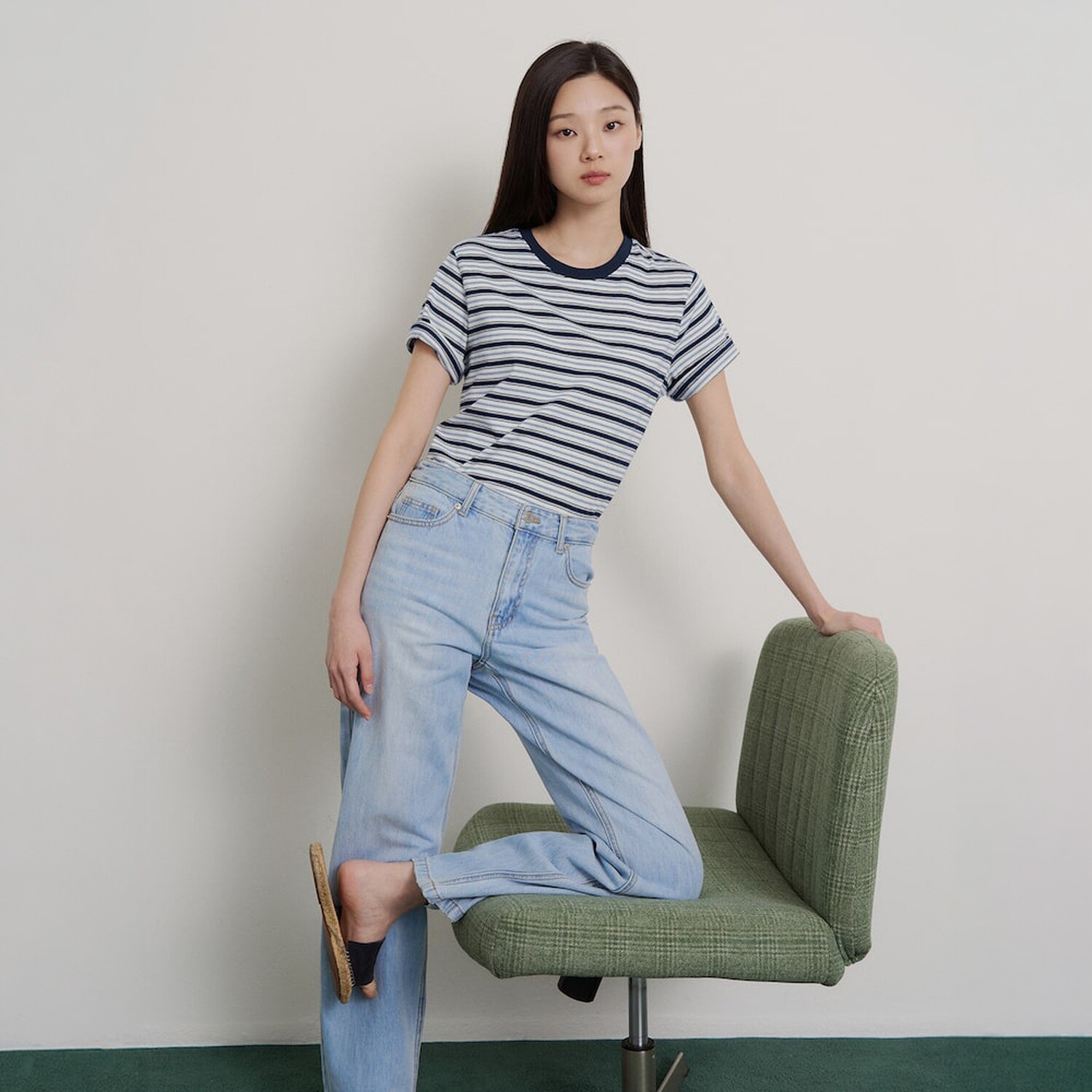 빈폴 레이디스 멀티 스트라이프 슬림핏 반소매 티셔츠 네이비 BF6542C04R