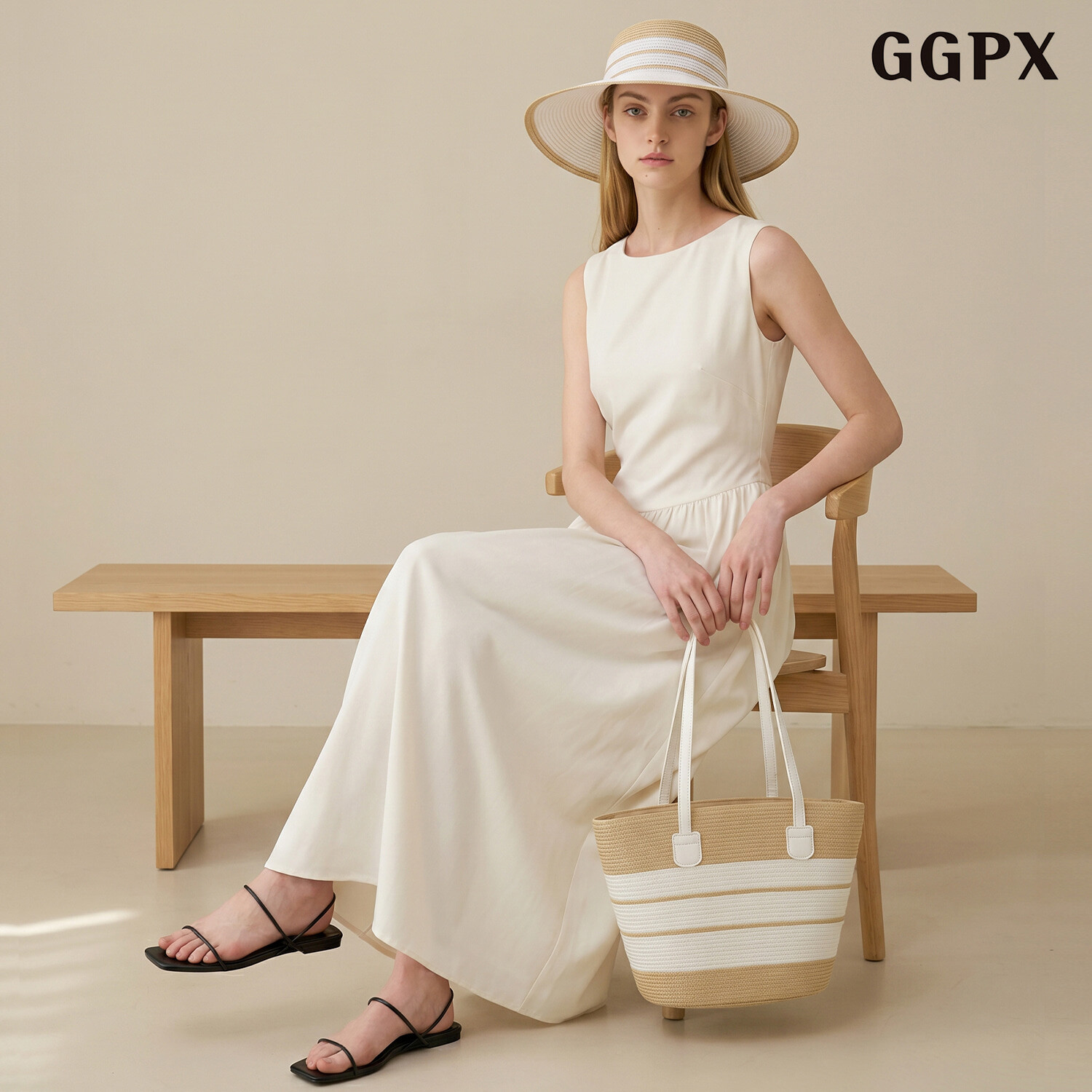 GGPX 썸머 컬러 라인 라탄 플로피 햇 빅 숄더백 세트 GQBBG001D