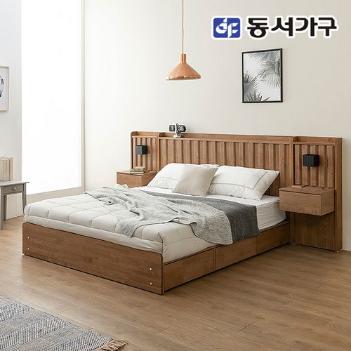 동서가구 네오 이벨린 호텔식 원목수납 LED침대 Q+협탁2개 (매트별도)_이미지