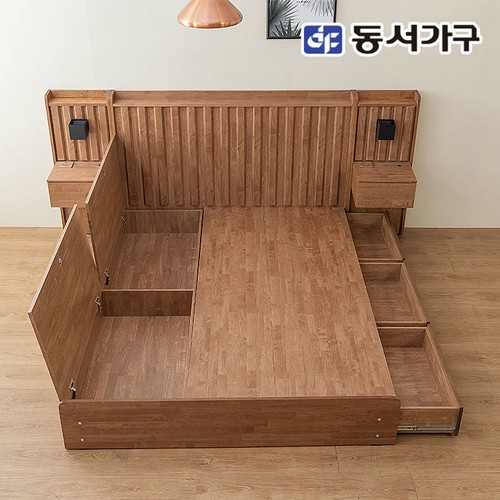 동서가구 네오 이벨린 호텔식 원목수납 LED침대 Q+협탁2개 (매트별도)_이미지