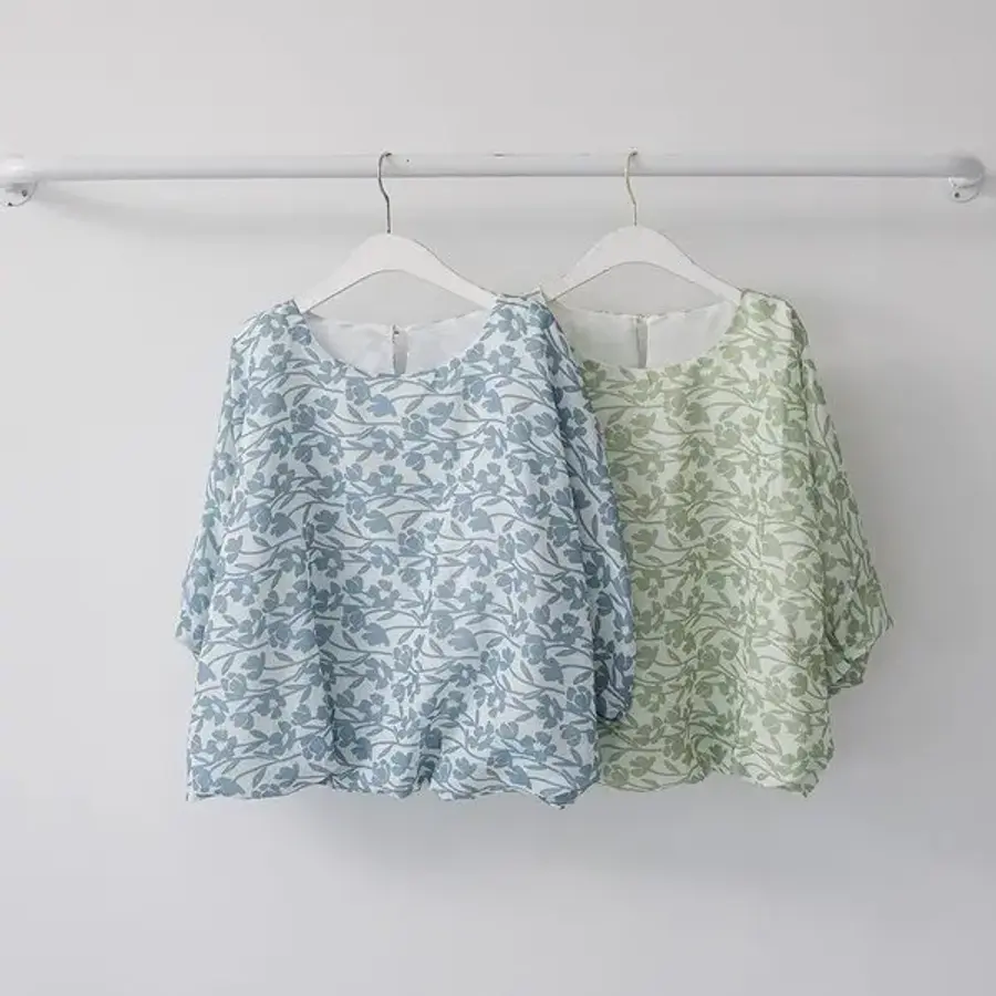 옷자락 여성 꽃무늬 배색 벌룬 칠부소매 라운드넥 블라우스 여름1227598