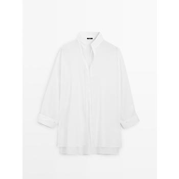 버튼 여밈 스탠드업 칼라 하늘거리는 린넨 셔츠 Grbrochenes Weiss 4901100