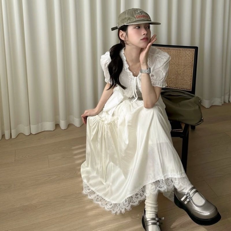 플라스틱아일랜드 밑단 레이스 셔링 스커트 PS7OSB02_이미지