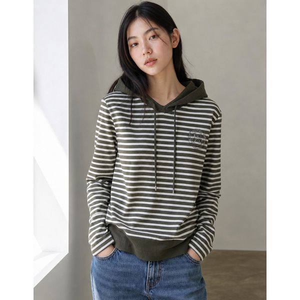 올포유 스트라이프 우븐 배색 후드 티셔츠 ALTRN7421-816