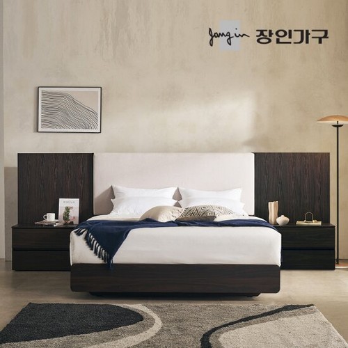 장인가구 까르뎅차콜 패브릭 호텔 평상형 LED침대 Q+800협탁 2개 (매트별도)_이미지