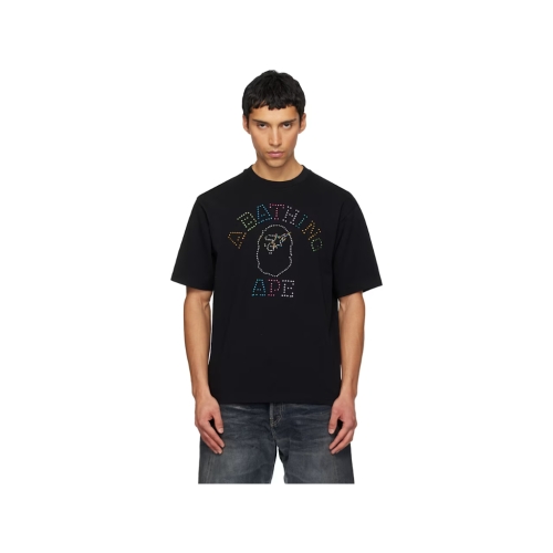 블랙 라인스톤 컬리지 루즈 핏 티셔츠 001CSL801313M T