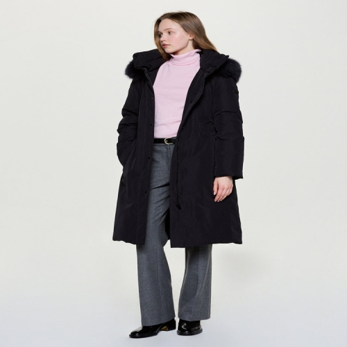 헤지스레이디스 여성 폭스퍼 벨티드 롱 헤비 구스 다운 코트 HSJU5D103 (BK, 블랙)