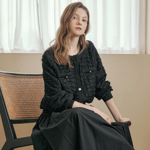 엠엔에프컴퍼니 마쟈 엠보 트위드 골드버튼 라운드넥 가디건 자켓 ZD10QJ005ON