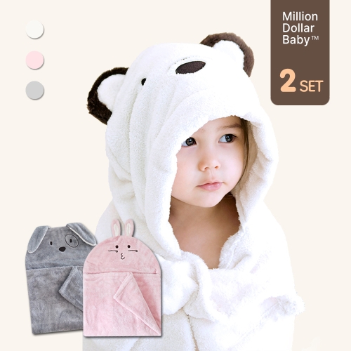 밀리언달러베이비 아기 유아 후드 목욕 비치타올 2세트 고양이+곰_이미지