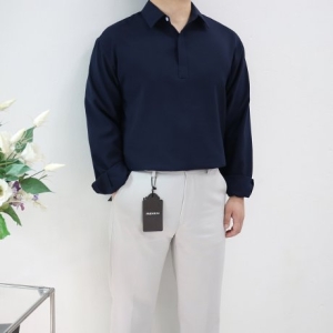 엠클로 남자 오버핏 히든버튼 반오픈 카라 긴팔 셔츠_이미지