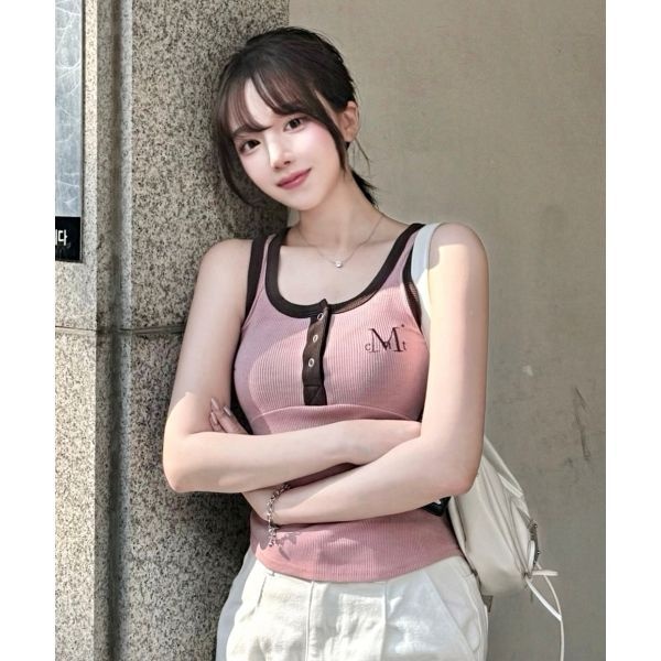 MUCENT 18일 배송 컬러팝 배색 버튼 크롭 골지 나시 6컬러 436296