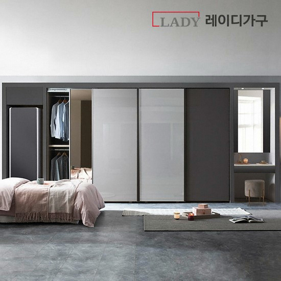 레이디가구 매튜 글로시 미러 슬라이딩 붙박이장+파우더장+스타일러장 (300cm)_이미지