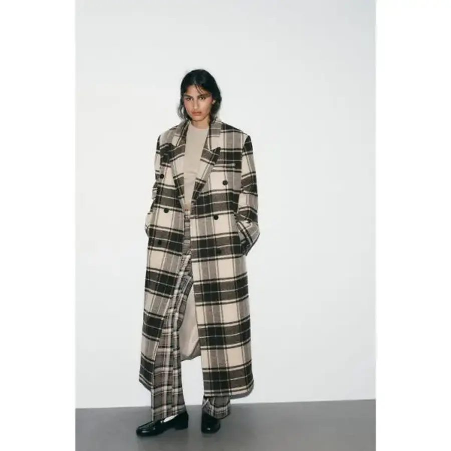 자라 우먼 EXTRALONG 체크 울 코트 SANDBROWN 1255758718 1049245