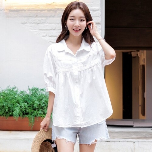 키첼 올리드 퍼프 반팔 블라우스_이미지