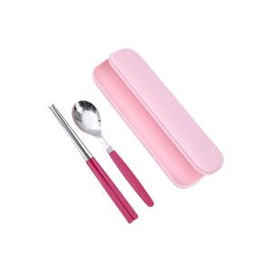 파스텔 휴대용 도시락수저케이스, 분홍 + 픽미 아동 숟가락 + 젓가락, 핫핑크
