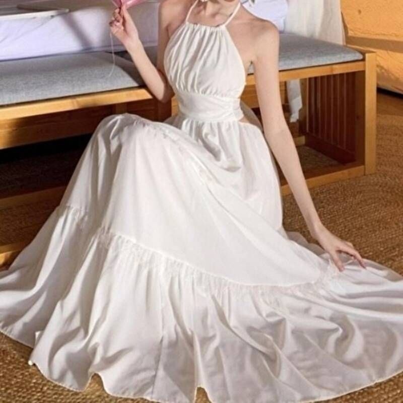 옷자락 여성 홀터넥 리본스트랩 롱 바캉스 원피스1123592_이미지