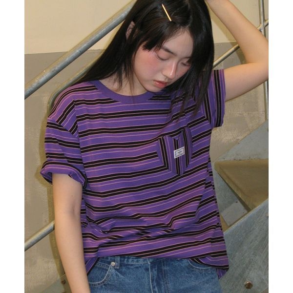 RONRON MULTI STRIPE HEART POCKET BASIC FIT T SHIRT PURPLE RR25BST413..