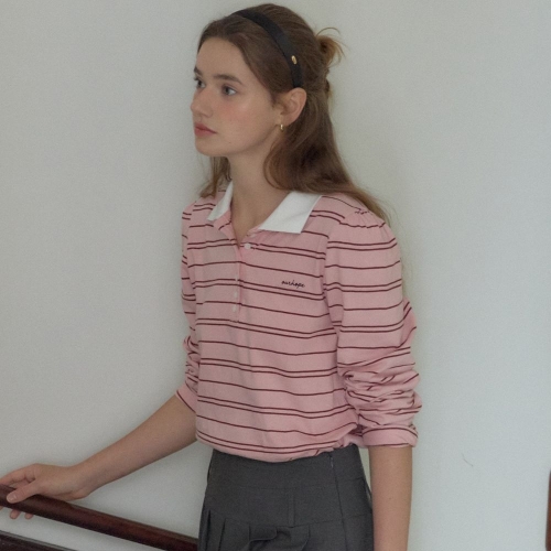 Stripe Shirring Pique Sleeve T-shirt Pink H25FA-TS15-PIN
