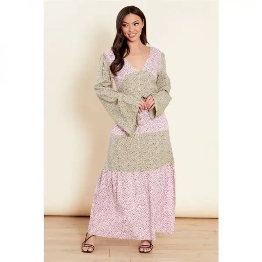 EnC Influ e 인플루언스 플런징 브이넥 긴소매 맥시 티어드 드레스 다중 7623209_이미지