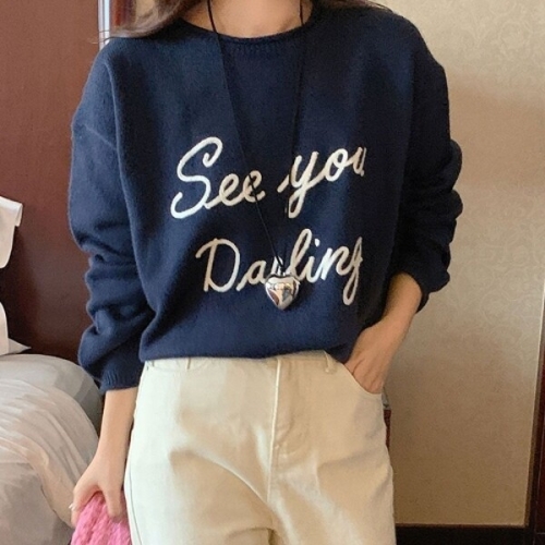 심플 엄지척 베이직 레터링 긴팔 라운드넥 니트 티셔츠_19682264_667501