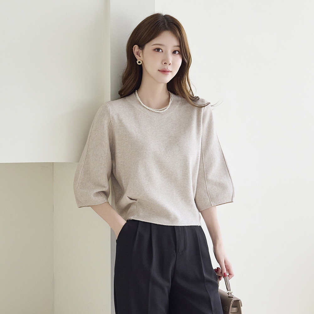모리스커밍홈 소프트 라운드넥 볼륨소매 7부 니트_M2607KN637C_이미지