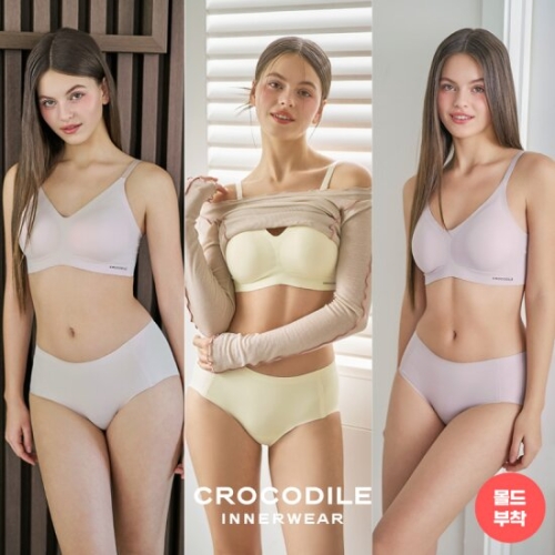 크로커다일 감탄브라 라이크라 쉘론 몰드부착 스트랩 브라팬티세트 6종 (라이트베이지+레몬+퍼플그레이)_이미지