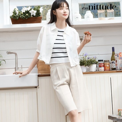 엔니튜드 여성 린넨 핀턱 니트 버뮤다 팬츠_이미지