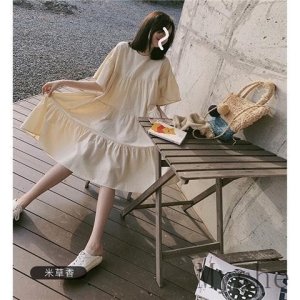 Myshe 임산부 원피스 패션 루즈핏 반팔 원피스 Night9630FEI630YFQ01 색깔바닐라 쌀 사이즈XL 125-1..