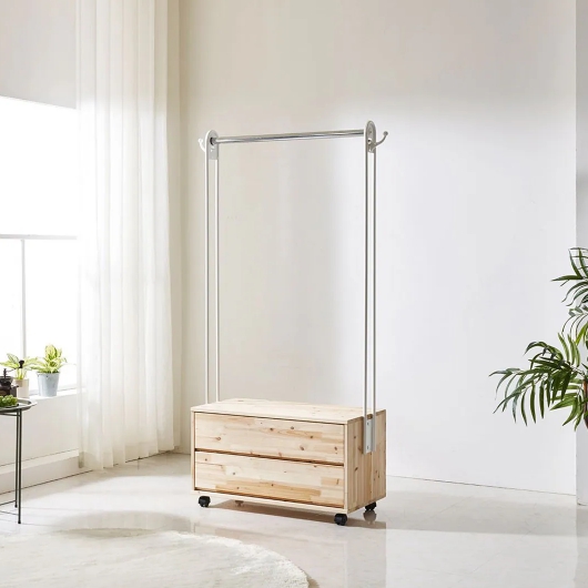 시스모 삼나무 2단서랍 일자 이동식 옷걸이 행거 800