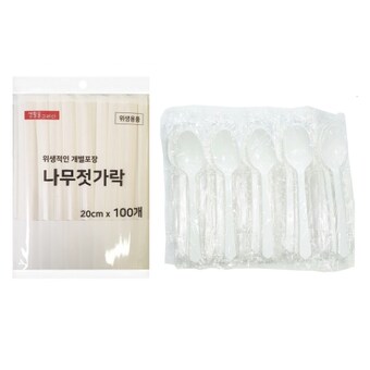 생활을그리다 일회용 <b>나무</b><b>젓가락</b> 100p + 다회용 스푼 화이트 50p 1세트