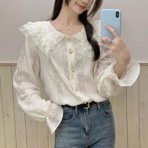  오노마 ONM 이중 프릴 카라 레이스자수 진주버튼 블라우스 여친룩 S11104368