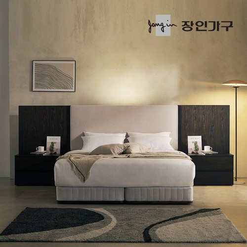 장인가구 까르뎅차콜 패브릭 호텔 투매트리스 LED침대 Q+800협탁 2개 (유로탑독립)