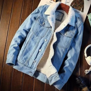 남성 가을겨울 JEANS 레트로 퍼카라 벨벳 양털 데님 청자켓 3칼라 /2 따뜻한 점퍼