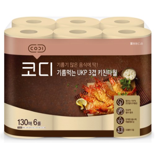 코디 기름먹는 UKP 3겹 키친타월 130매 (6입) (2팩(12입))_이미지