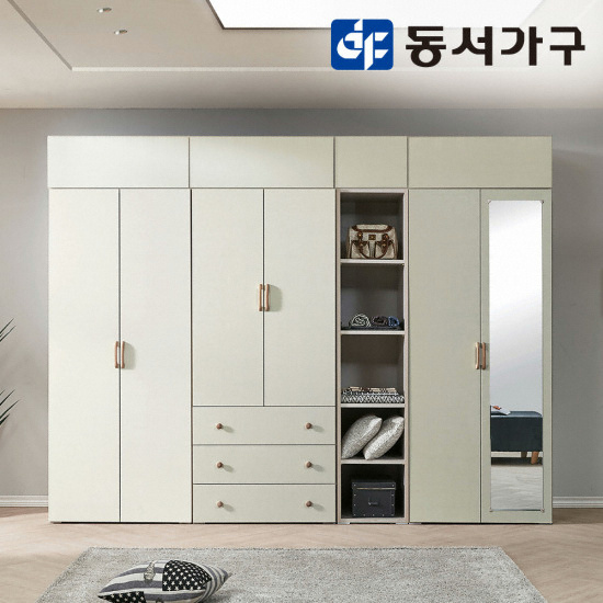 동서가구 페페 거울 옷장세트 2단서랍 선반형+상부수납장 (283cm)_이미지