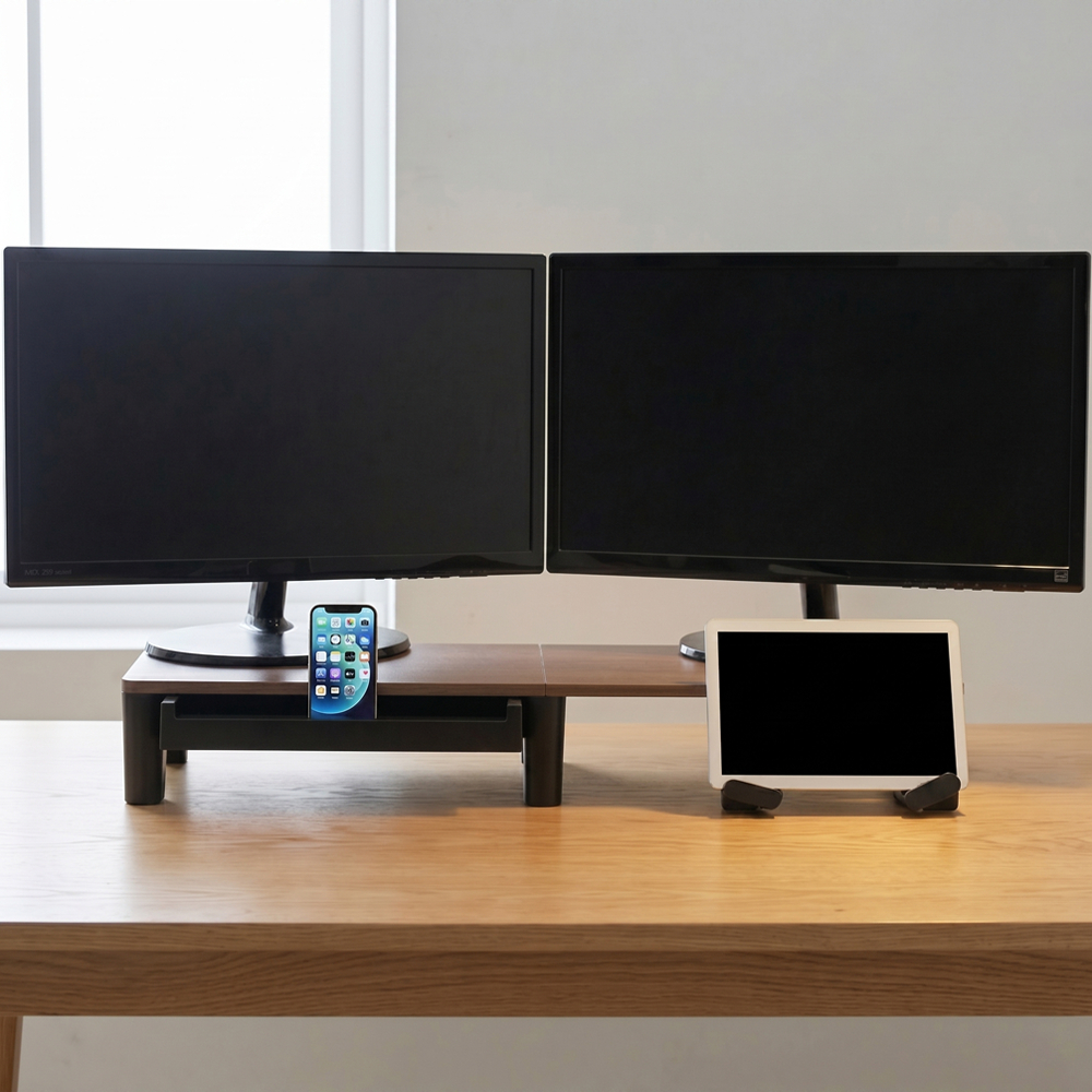 내추럴 듀얼 모니터받침대 우드 원목 서랍 받침 선반 대형 800 Plus