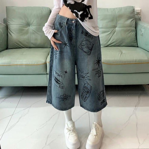 짝꿍닷컴 여성 스트릿 패션 칠부 페인팅 Y2K 팬츠 NM-0253_이미지