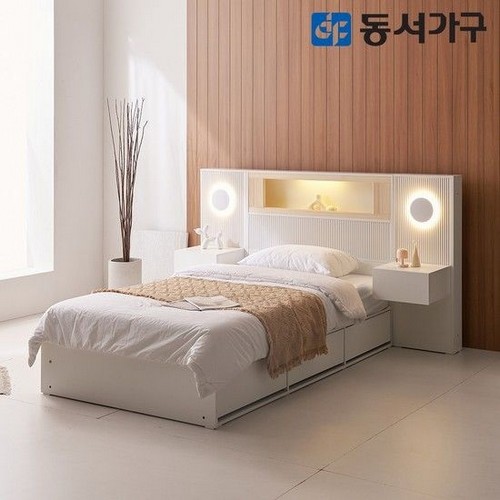 동서가구 미휴컴포트 편백 수납 LED침대 SS+협탁 2개 (독립스프링)_이미지