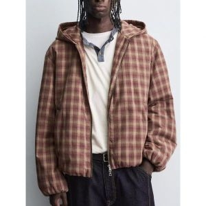 자라 가을겨울 패션 캐주얼 남성 면혼방 루즈 후드 체크 무늬 재킷 외투 8281460_이미지