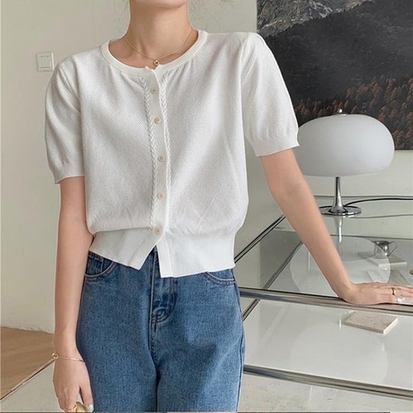 더블디 내추럴 여성 라운드넥 반팔 니트 가디건 TDN-0001 40363386A