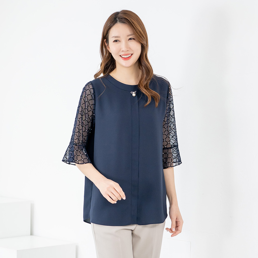 모슬린 엄마옷 엄마옷 블라우스 반팔 롱 시스루 603HJK090 중년여성/50대/60대/70대/빅사이즈/할머니옷/마