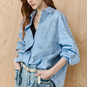 마쟈 램 일러스트 스트라이프 루즈핏 셔츠 블라우스 ZD05QB001ON_이미지